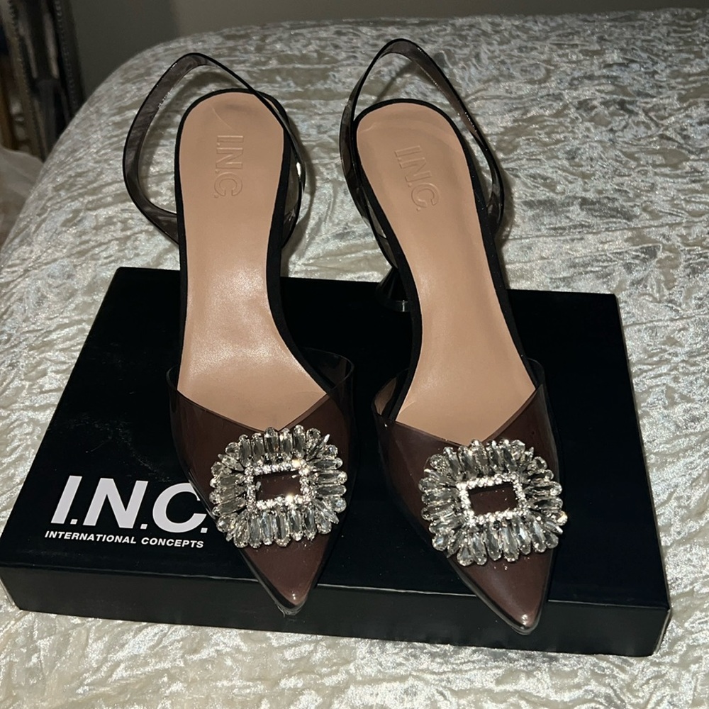 Black lucite sling back pumps with beautiful clear gemstone embellishments